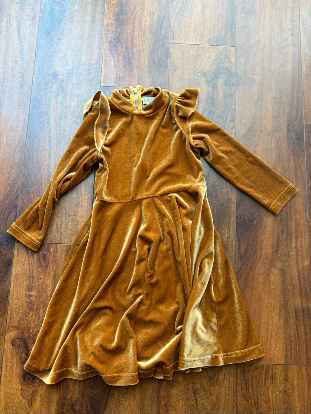 Ivy City Co Girls' Velvet Ruffle-Shoulder Dress - Mustard